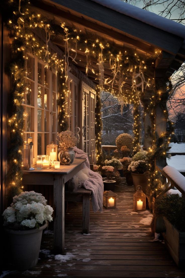 a porch covered in christmas lights and potted plants next to a table with candles on it