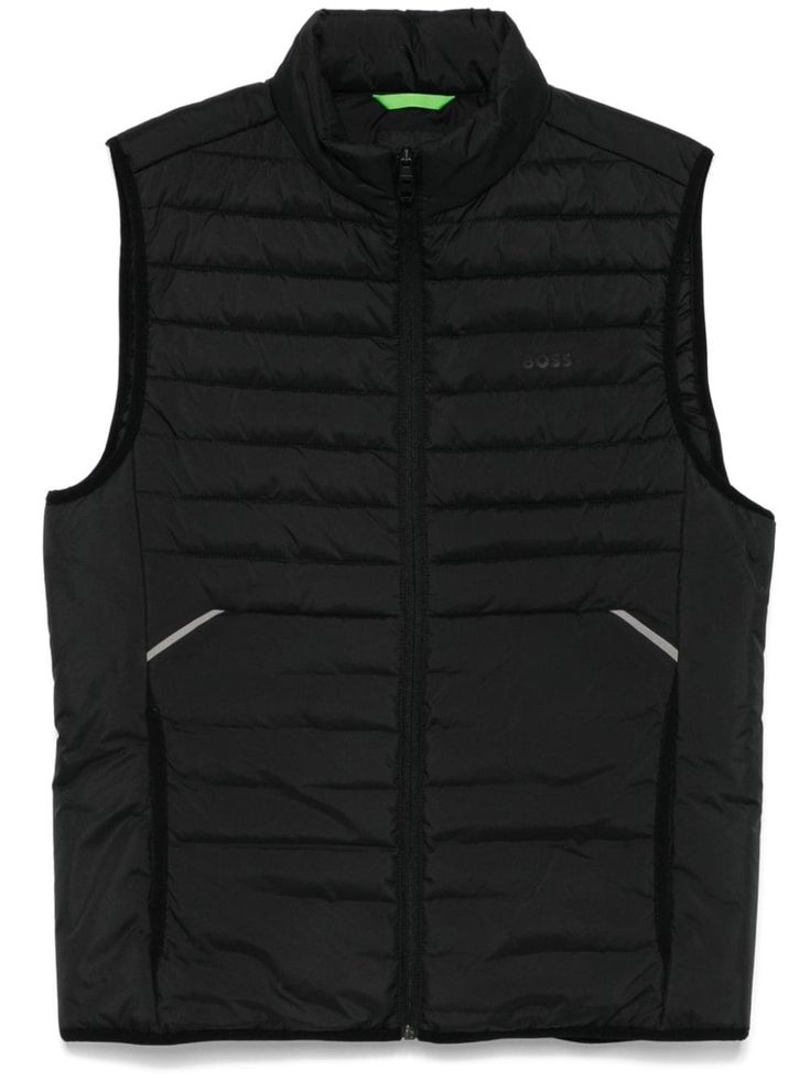 black padded design quilted waterproof front zip fastening stand-up collar sleeveless rubberised logo detail two side inset pockets full lining straight hem Black Sleeveless Vest For Outdoors, Black Vest For Outdoor Activities, Functional Black Vest Outerwear, Black Sleeveless Functional Outerwear, Black Sleeveless Vest For Outdoor Activities, Functional Black Outerwear Vest, Black Windproof Vest For Winter, Functional Black Winter Vest, Functional Black Sleeveless Vest