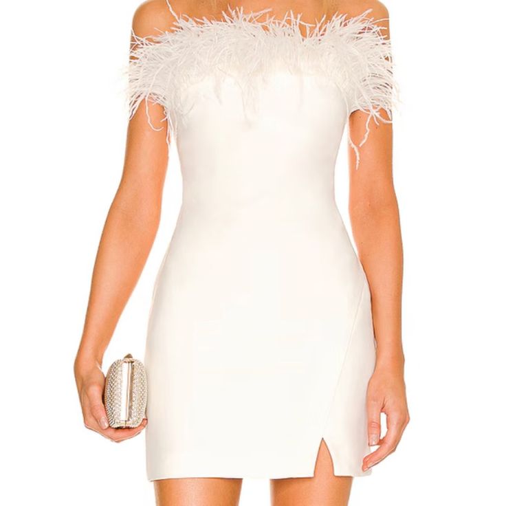 Size 6 White Worn 2x - New Years & Afterparty Dress @ My Wedding Can Be Worn With Straps Or Strapless Chic Strapless Dress With Feather Trim For Evening, Elegant Strapless Dress With Feather Trim For Cocktail, Elegant Strapless Cocktail Dress With Feather Trim, Flirty Mini Dress For Wedding Party Season, Mini Dress With Feather Trim For Gala, Elegant Strapless Dress With Feather Trim, Elegant Feather Trim Dress For Night Out, Mini Length Feather Trim Dress For Gala, Fitted Cocktail Dress With Feather Trim