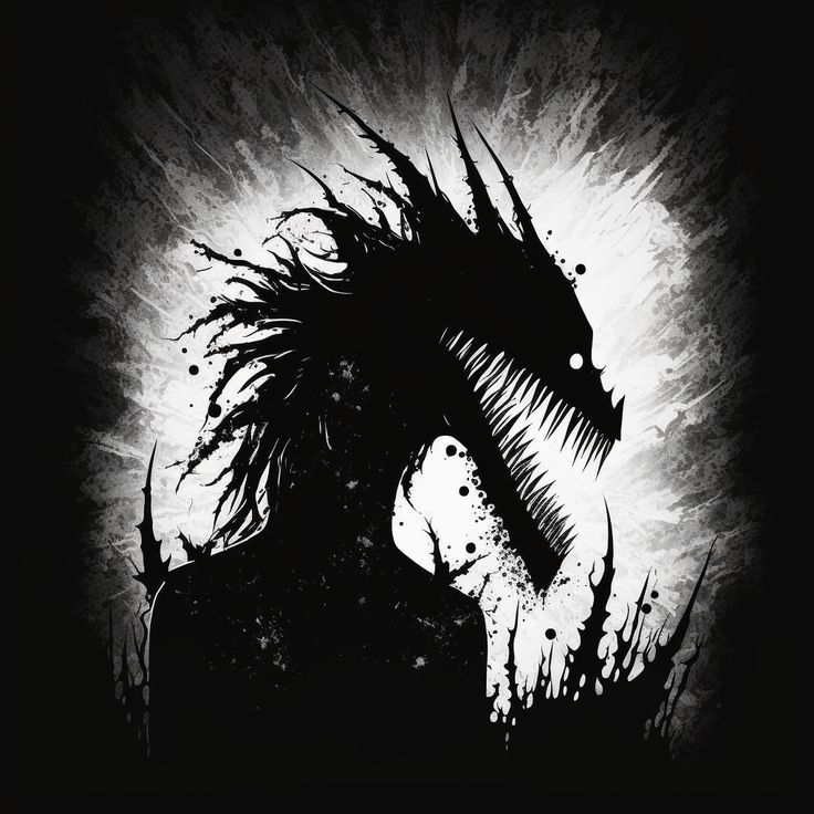 a black and white image of a monster with long hair