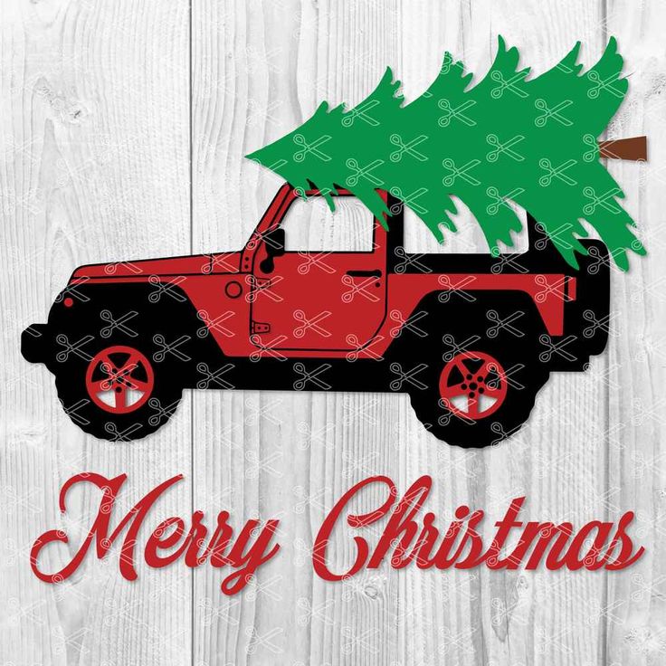 a red jeep with a christmas tree on the back and merry christmas written across it