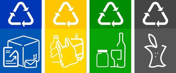 four different colored recyclables with arrows pointing up and down on them