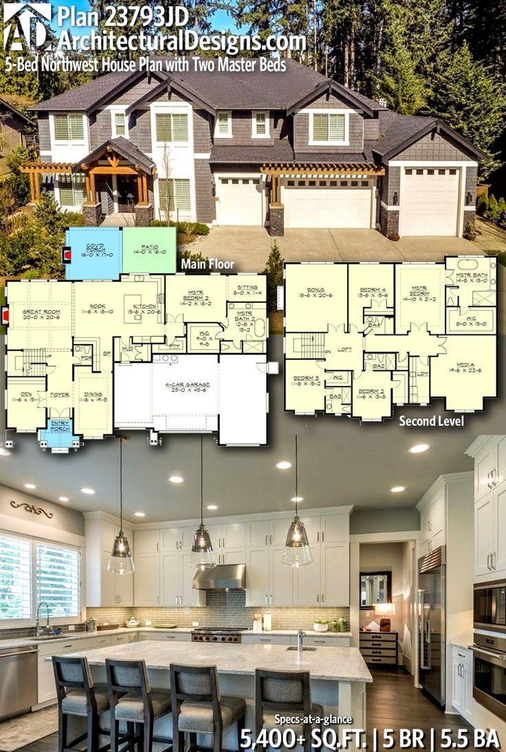 the floor plan for this house is very large and has two master suites, an attached kitchen