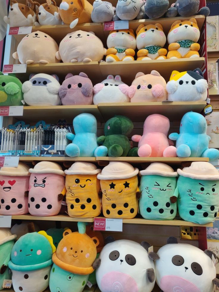 several shelves filled with stuffed animals and other items in different colors, shapes and sizes