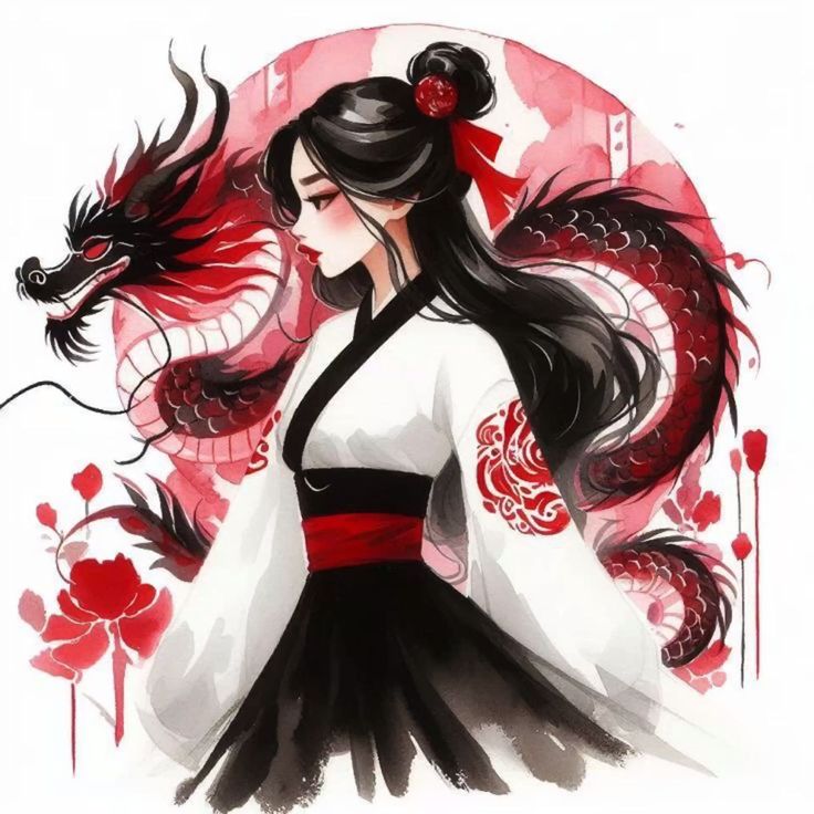 a woman in a white and black dress with a dragon on her shoulder, standing next to a red flower