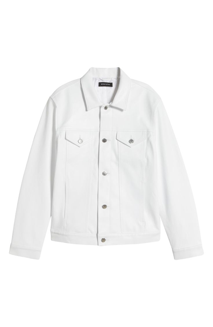 Make a clean, striking statement with this bright-white leather jacket in a casual-cool trucker profile. 26" length (size Medium) Front button closure Spread collar Button cuffs Chest button-flap patch pockets; front welt pockets Lined Leather Professional leather clean Made in the USA Spring White Outerwear With Flap Pockets, White Spring Outerwear With Flap Pockets, Fitted White Outerwear For Everyday, White Collared Outerwear For Streetwear, Classic Leather Jacket With Snap Buttons For Streetwear, White Outerwear With Snap Buttons For Everyday, Trendy White Button-up Outerwear, White Everyday Outerwear With Snap Buttons, Everyday White Outerwear With Snap Buttons