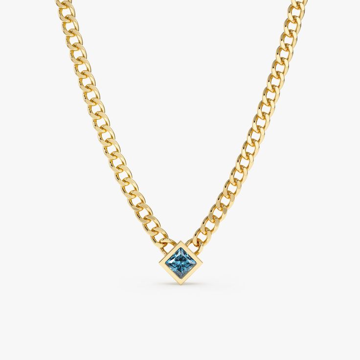 Embrace a fusion of elegance and boldness. A vibrant princess-cut blue topaz, reminiscent of clear tropical waters, compliments a solid 14k yellow gold (available in white or rose gold) Cuban Link chain. The contrast between the delicate gemstone and the bold, modern chain creates a captivating and unique style statement. - Handmade - Solid Gold - Natural Blue Topaz - The Dimension of the Links: 3 mm - Total Topaz Carat Weight: 0.45 ctw - The Dimension of the Setting: 5.4 mm 🛠 Your Sarah Elise piece is handcrafted with care! Ready-to-ship items go out within 3 business days. Made-to-order pieces typically take 7-10 business days to create. If you need something sooner, please contact us - we'll see if we can make it happen! For estimated shipping dates and tracking, check your Etsy accoun Luxury Topaz Birthstone Necklace, Memory Ring, London Topaz, Gold Cuban Link Chain, Cuban Chain Necklace, Blue Topaz Necklace, Initial Jewelry, Cuban Link Chain, December Birthstone