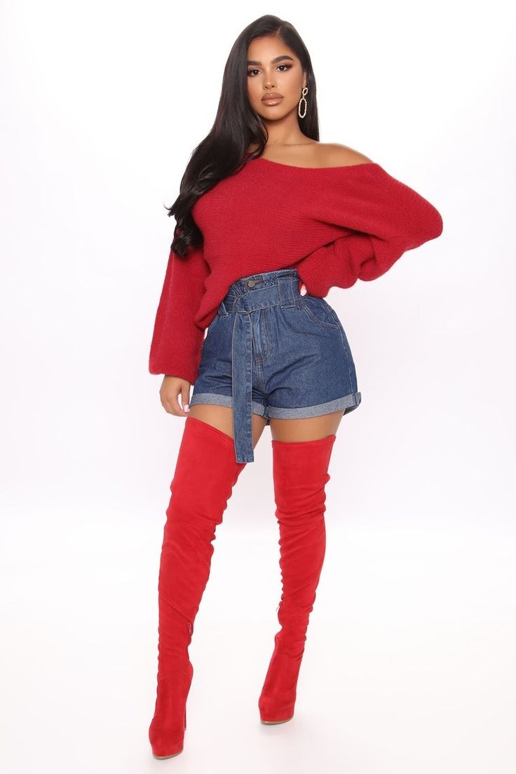 Bota Over, Burgundy Fashion, Bubble Sleeve, High Rise Denim Shorts, White Dresses For Women, Burgundy Sweater, Shorts For Women, Fashion Nova Jeans, High Rise Denim