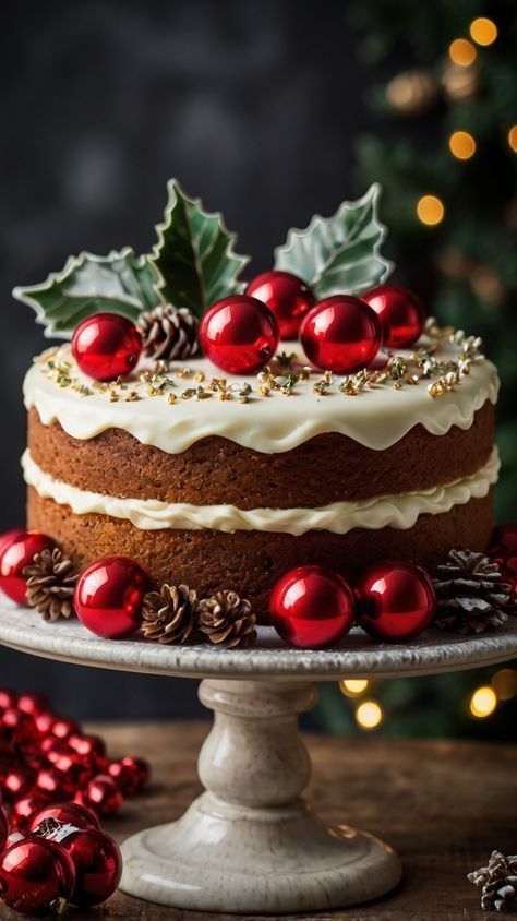 a christmas cake decorated with holly and red berries