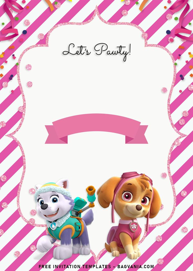 a pink and white striped birthday card with two puppies on it, one is holding a