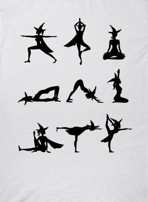 the silhouettes of people doing yoga poses in different positions on a white shirt with black writing