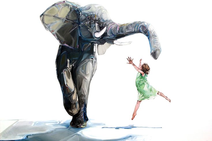 an elephant and a girl are in the air with their arms outstretched to each other