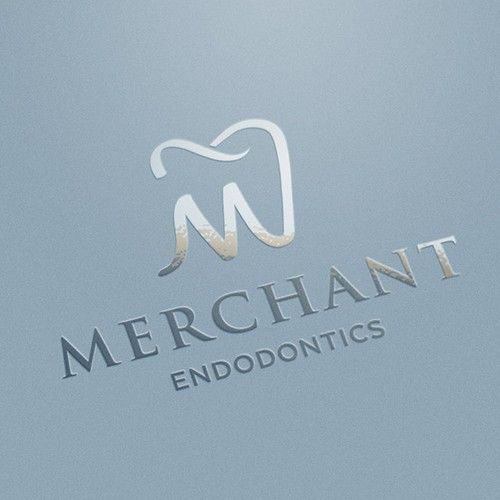 a logo for a dental practice called merchant endodontics, with the letter m in silver