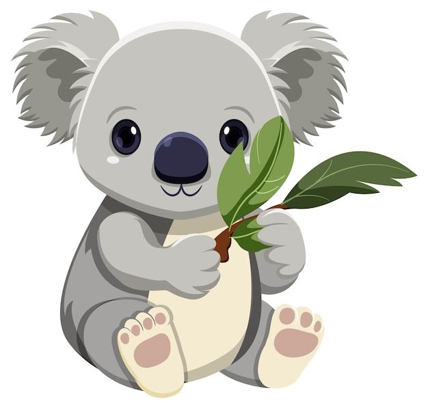 a koala bear sitting on the ground holding a leaf