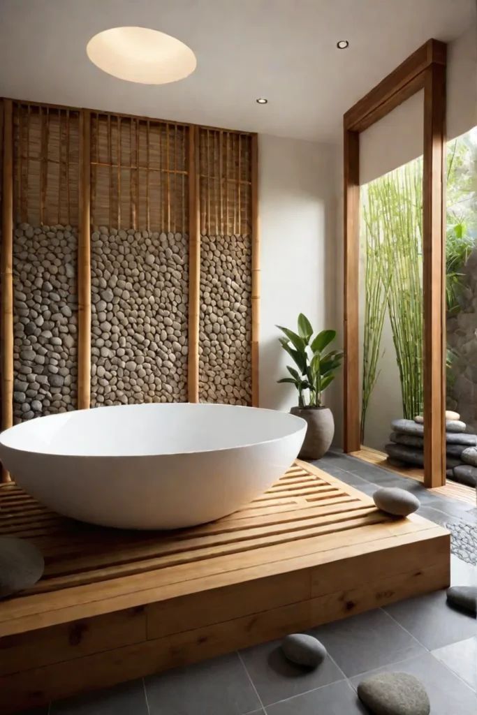 a large white bowl sitting on top of a wooden table next to a bamboo wall