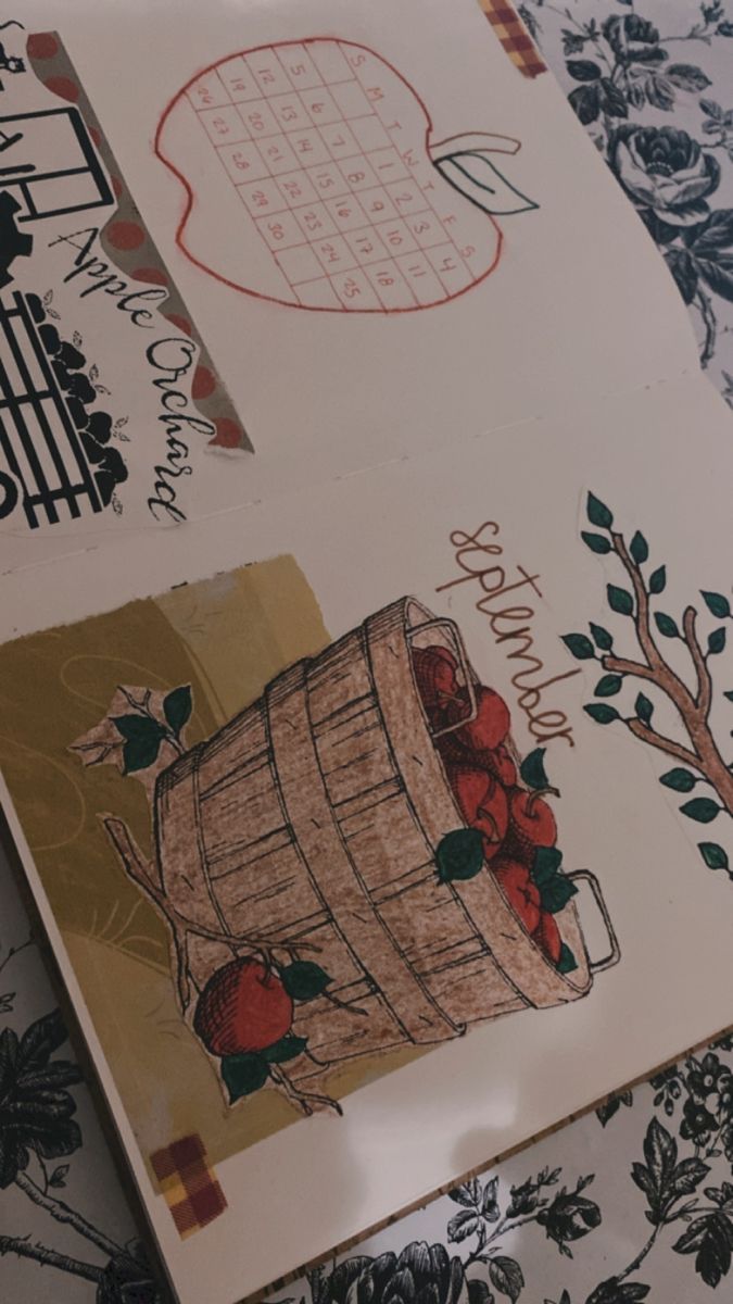 several cards with images of wine barrels and apples on them, all hand - drawn