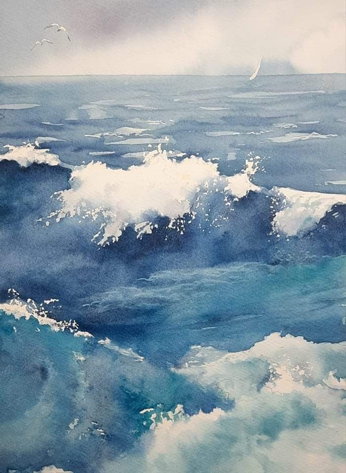 a painting of waves in the ocean with birds flying above it and an overcast sky