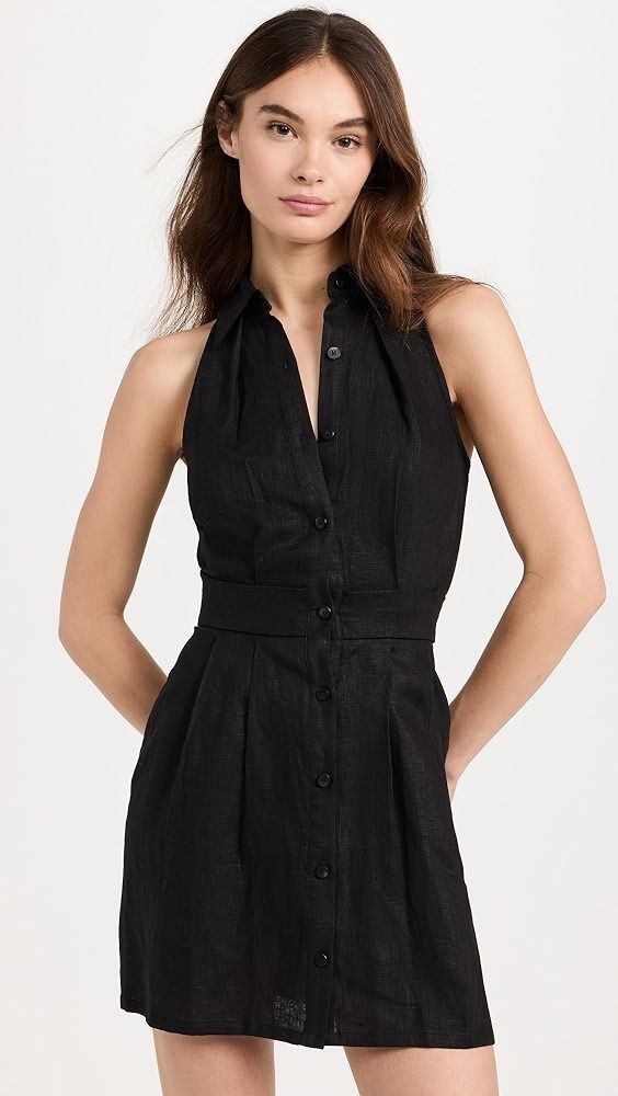 HEVRON Domino Mini Dress | Shopbop Chic Belted Linen Dress For Work, Elegant Belted Linen Dress For Work, Fitted Belted Linen Dress, Fitted Belted Linen Dress For Daywear, Chic Linen Dress With Buttons, Elegant Fitted Belted Linen Dress, Fitted Linen Dress With Buttons, Chic Fitted Linen Dress For Work, Chic Belted Linen Dress