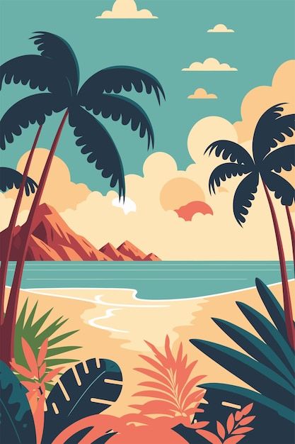 an image of a tropical beach scene with palm trees and mountains in the background illustration