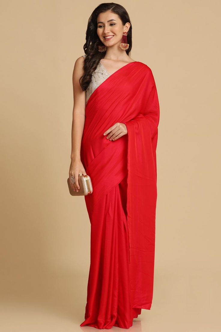 Buy Red Zari Woven Fancy Satin Sarees Online Plain Red Saree, White Work Blouse, Satin Sarees, One Minute Saree, Off White Saree, Party Wear Sarees Online, Brocade Saree, Women Dress Collection, Plain Red