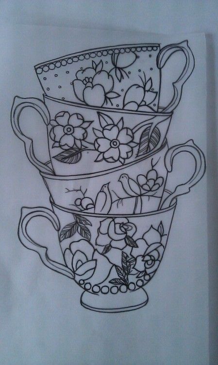 a drawing of three cups stacked on top of each other with flowers and leaves in them