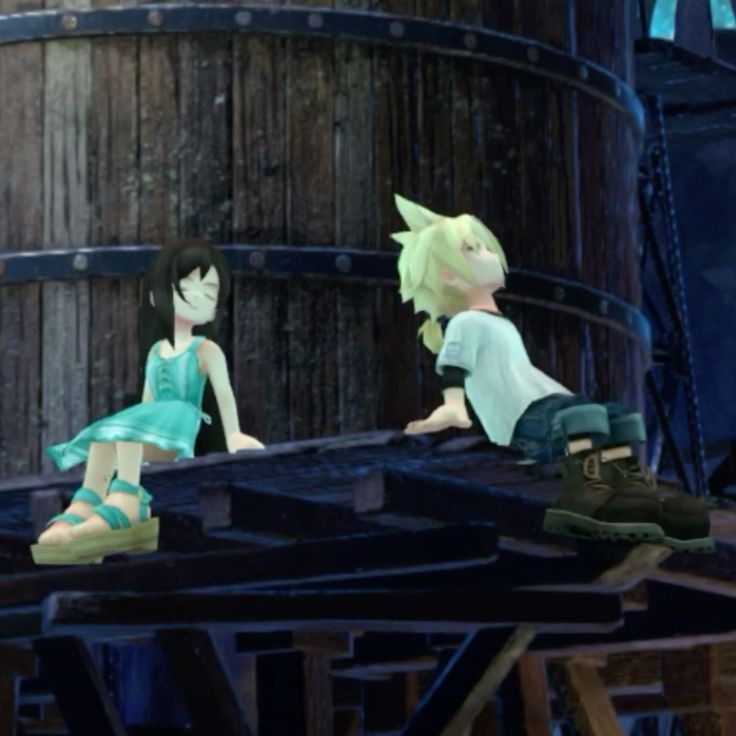 two cartoon characters sitting on top of a wooden barrel in front of a man and woman