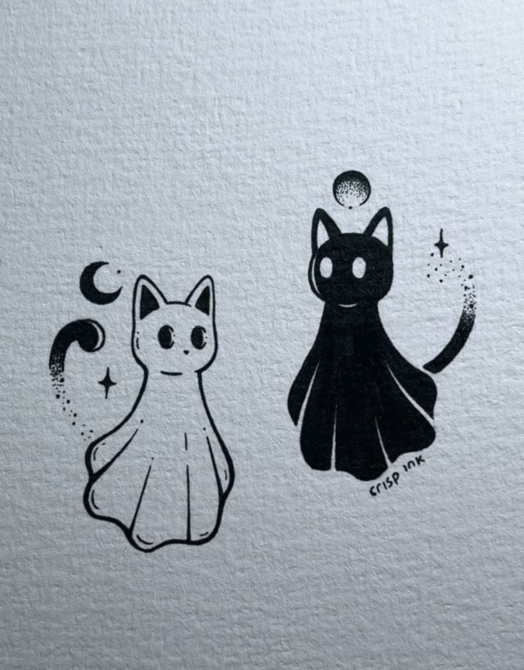 two black and white drawings of cats with stars on their heads, one cat is looking up at the sky