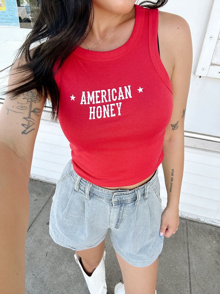 Celebrate the Fourth Of July with this new FSB exclusive- the American Honey Tank Top! This red bella canvas tank is available in xs-xl! cotton polyester machine wash cold tumble dry low American Honey, Four Sisters, The Fourth Of July, Omaha Nebraska, Top Graphic Tees, Women's Boutique, Midi Maxi Dress, Outerwear Sweater, Ladies Boutique