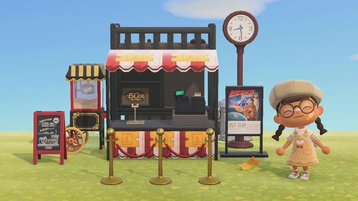 an animal crossing character standing in front of a kiosk with a clock on it