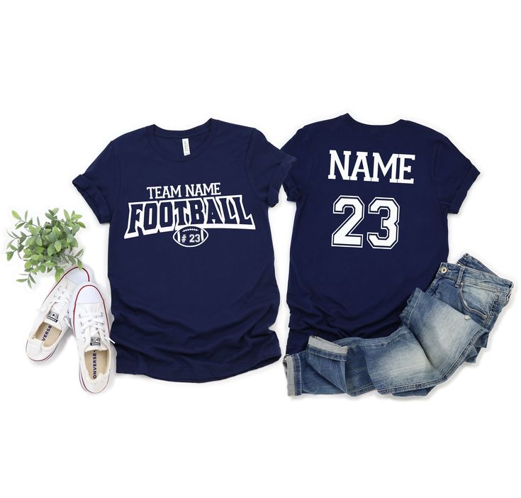 This Custom Sports Team Football shirt will get you ready to show your love of football with the personalized name and jersey number on the back. Multiple sizes and colors available. Available in Toddler and Youth Sizes too! Perfect gift for any Football Cheering Family or to wear as matching family shirts at your next Game or event!  You can customize the front with a Team Name and Jersey Number you prefer!  **Please Note: Any orders placed after December 10th and using USPS Ground Advantage may not arrive before Christmas. If you are placing an order and utilizing Priority Shipping you will need to order prior to December 13th for your items to arrive prior to Christmas. Please message me directly if you have any questions about shipping and your order arriving in time for Christmas. Tha Family Football, Custom Football Shirts, Football Jersey Shirt, Wrestling Shirts, Matching Family Shirts, Wrestling Mom, Custom Football, School Football, Football Tees