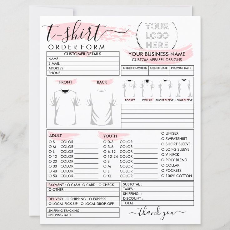 an order form with pink ink on white paper