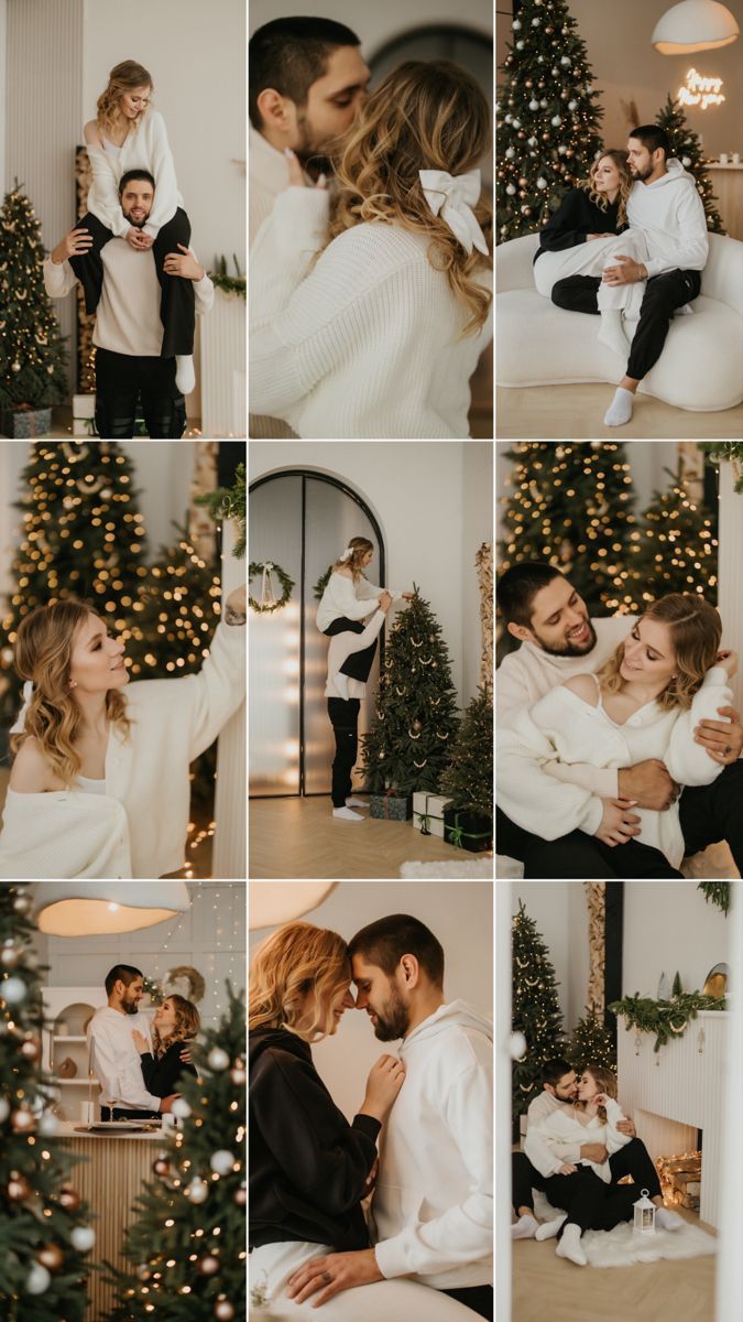 a collage of photos with people and christmas trees in the background, including a man holding a woman's head