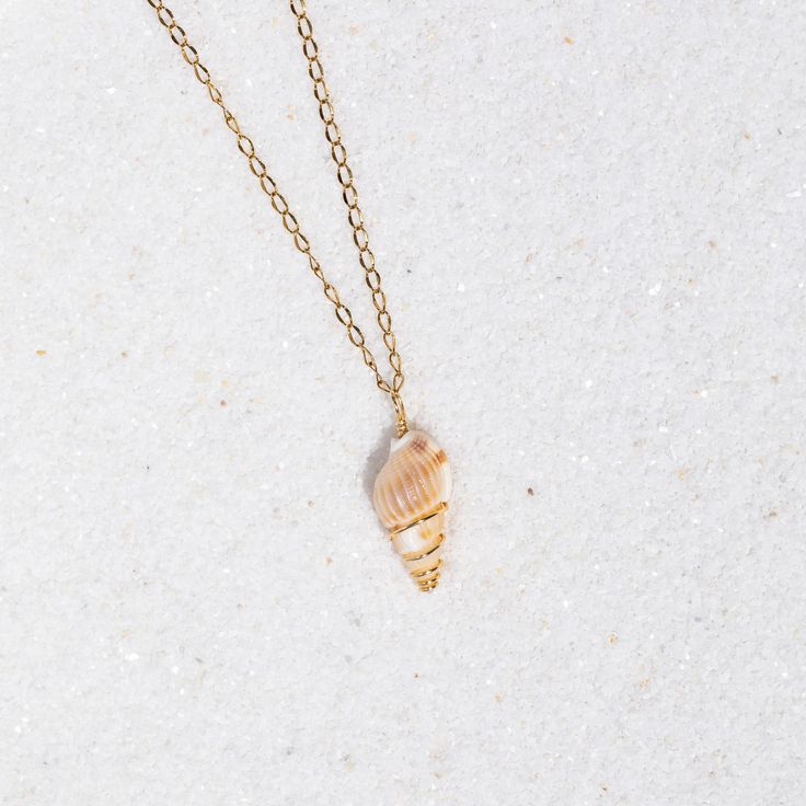 Description: This dainty seashell necklace features a tiny conch shell delicately wrapped in golden wire. Length: 18 inches Materials: Handcrafted using a genuine shell, non-tarnish golden lacquered copper wire, and stainless steel chain. Dainty Shell Charm Necklace For Beach, Wire Wrapped Shell Necklace For Beach, Wire Wrapped Shell Necklaces In Shell Shape, Wire Wrapped Shell Necklaces, Gold Wire-wrapped Necklaces For The Beach, Dainty Shell Necklaces Perfect As Gifts, Gold Wire Wrapped Necklace For The Beach, Dainty Gold Shell Charm Necklace, Delicate Gold Necklace For Beach