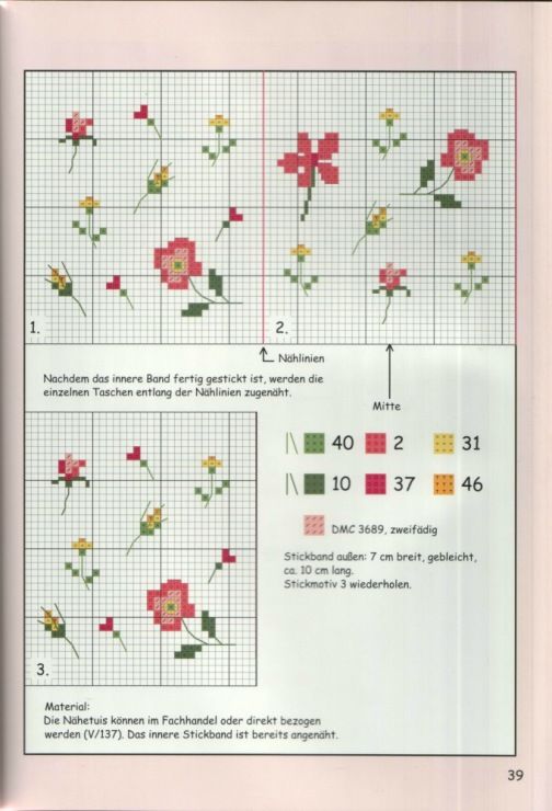 the cross stitch pattern is showing different flowers