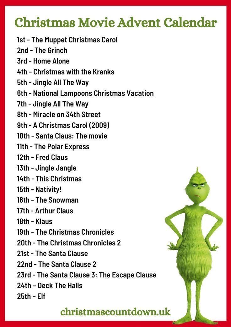 the grinch christmas movie calendar is shown in red and white with green lettering on it