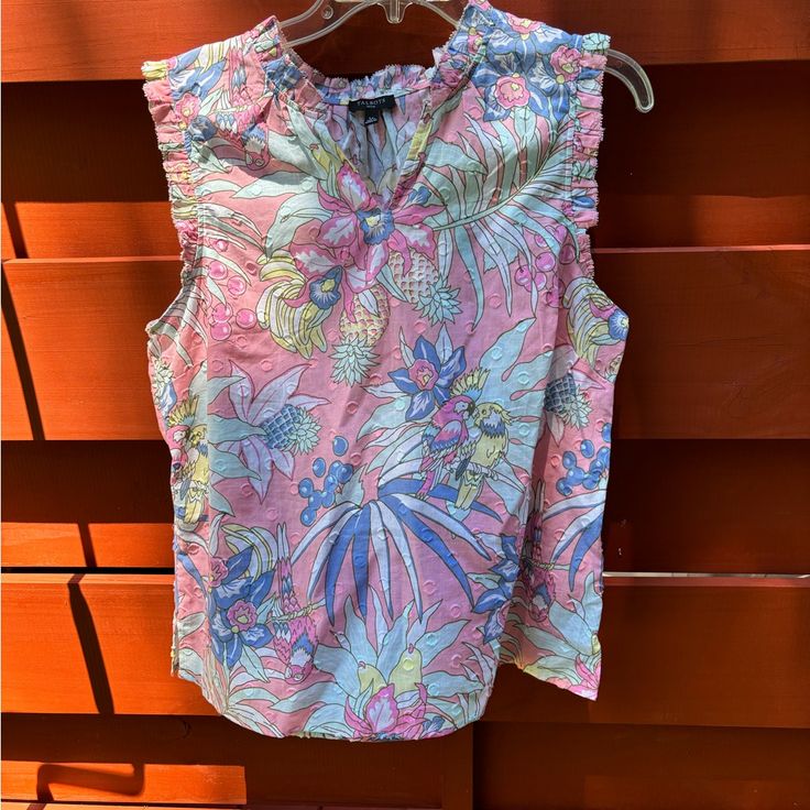 Richly Patterned Pink & Blue Blouse With Split Ruffled Neckline And Ruffles Around Arm Holes. The Perfect Dressy Summer Blouse. Never Worn $14. Offers Always Welcome. Thanks For Visiting My Closet. Summer Blouse With Tropical Print In Pink, Summer Pink Blouse With Tropical Print, Pink Sleeveless Blouse For Beach, Pink Sleeveless Blouse For Vacation, Sleeveless Pink Blouse For Vacation, Multicolor Sleeveless Blouse For Beach, Pink Tropical Print Short Sleeve Blouse, Pink V-neck Top With Tropical Print, Casual Pink Blouse With Tropical Print