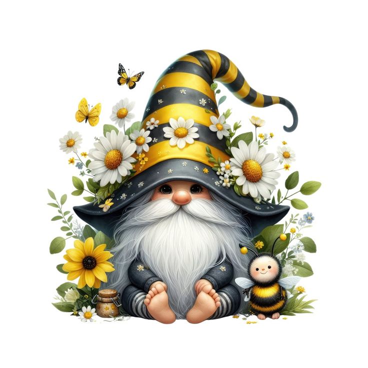 a gnome with flowers and a bee sitting next to it