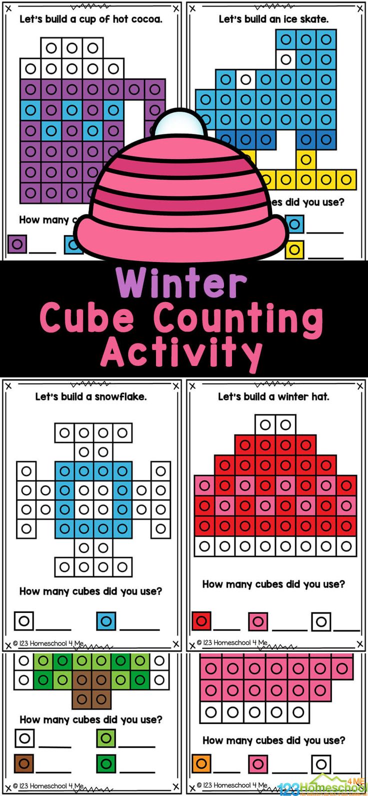 the winter cube counting activity is shown in three different colors and shapes, with text that reads