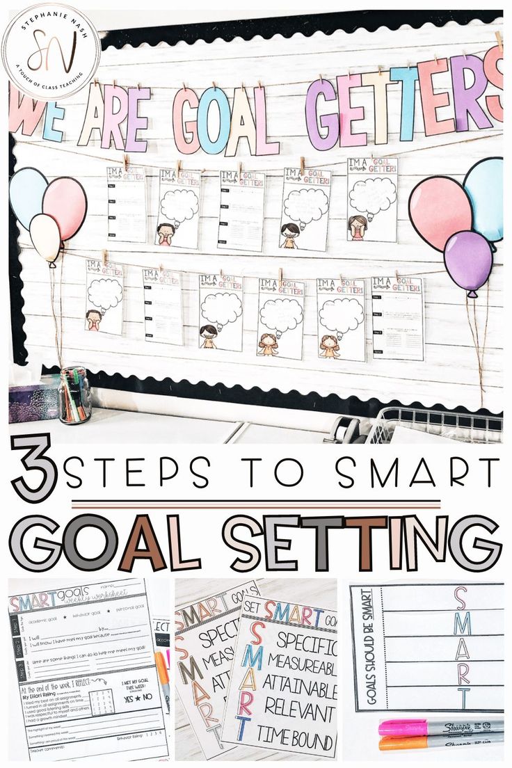 three steps to smart goal setting with balloons and pencils on the desk, in front of