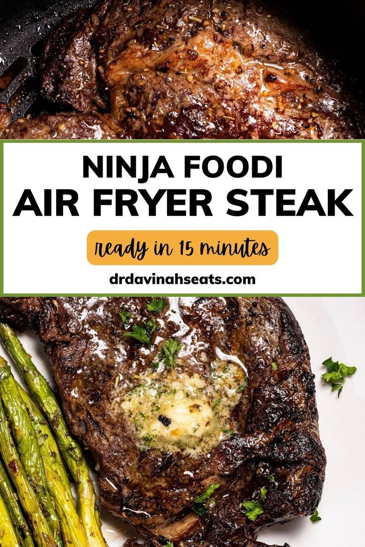 a steak and asparagus on a plate with text overlay that reads ninja food air fryer steak ready in 15 minutes