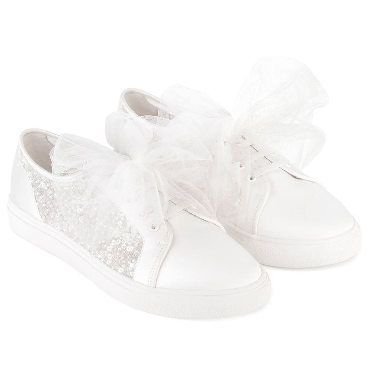 bella belle isadora sparkly wedding sneakers with removable tulle bow Flats For Bride, Wedding Flats For Bride, Wedding Sneakers For Bride, Wedding Footwear, Bridal Sneakers, Ribbon Laces, Tulle Bow, Wedding Sneakers, Bridal Flats