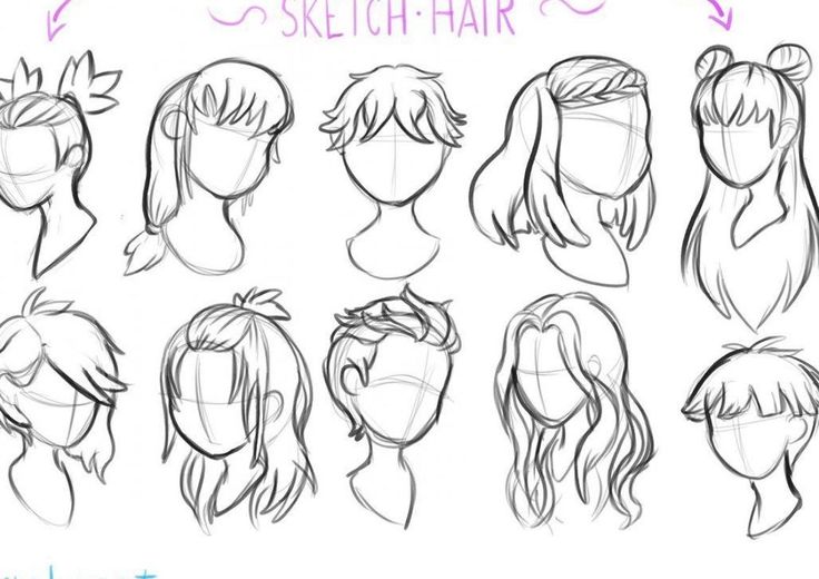 sketches of different hairs and hair styles for the character's head, from front to back