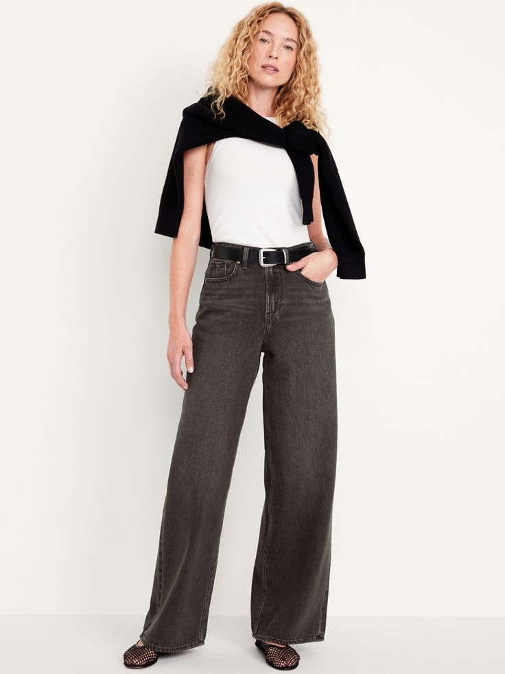 high waisted button front belt loops zip fly front scoop pockets back patch pockets whiskering sits at belly button loose hip and thigh hits below ankle 30" regular inseam 28" petite inseam 33" tall inseam models are approx.  5'9" and wear sizes s (4), l (12), and xl (18)machine wash according to the care instruction label  . Best Holiday gift for Women , perfect Jeans for Christmas! Minimalistic Chic, Pajamas Gift, Family Maternity, Perfect Jeans, Old Navy Women, Back Patch, Bottom Clothes, Jeans Black, Wide Leg Jeans