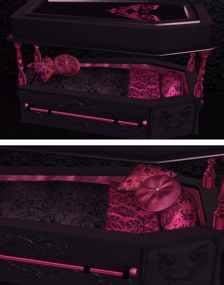 two pictures of the inside of a black and pink bed