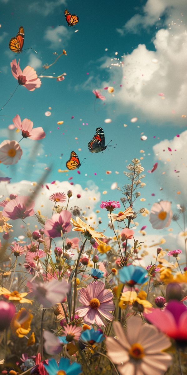 colorful flowers and butterflies flying in the sky