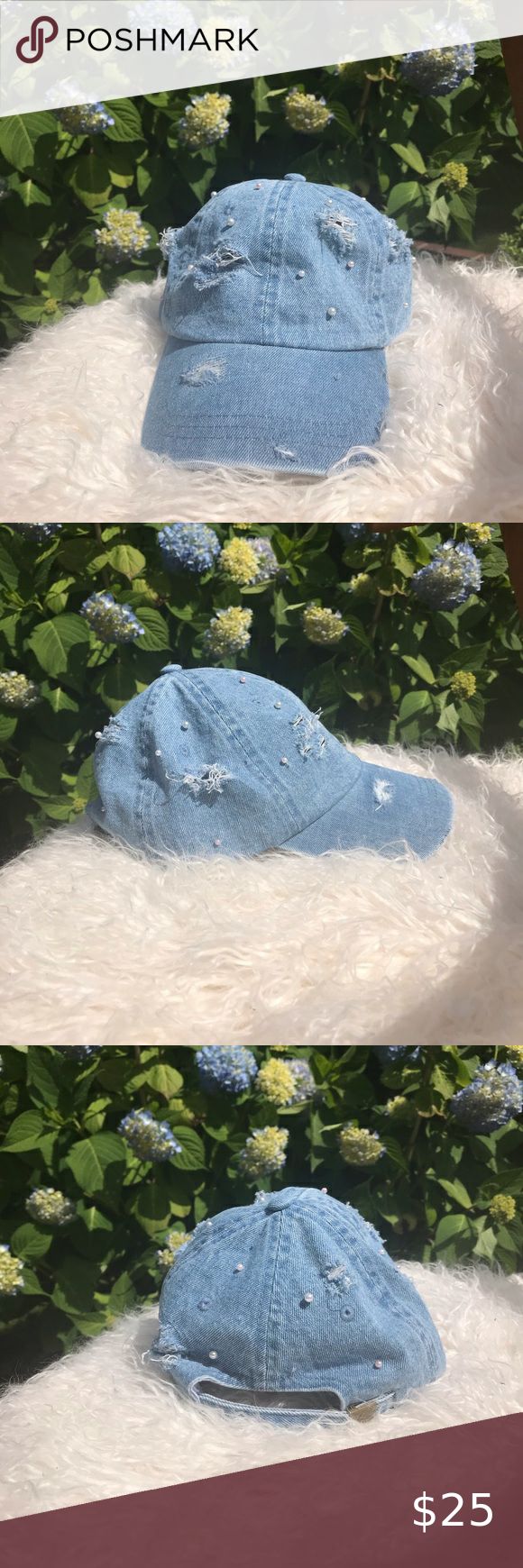 Distressed denim faux pearl baseball cap / dad hat This handmade distressed denim and faux pearl hat is so unique and perfect for summer! The pearls are affixed with metal prongs so they stay firmly in place. Also available in other colors in my closet.   Bundle with other items to save 10% and save on shipping.  Buy with confidence: 5 star rated top seller and fast shipper  Denim hat / dad hat / dad cap / ponytail hat / distressed hat / distressed jeans / destroyed denim / embellished hat Acces Pearl Hat, Jeans Destroyed, Distressed Hat, Ponytail Hat, Denim Hat, Destroyed Denim, Dad Cap, Destroyed Jeans, Dad Caps