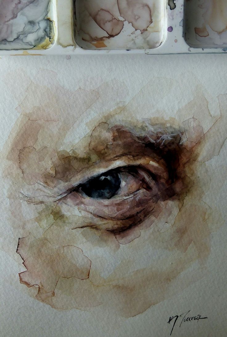 an eye is shown in the middle of three watercolors, and it appears to be painted on paper