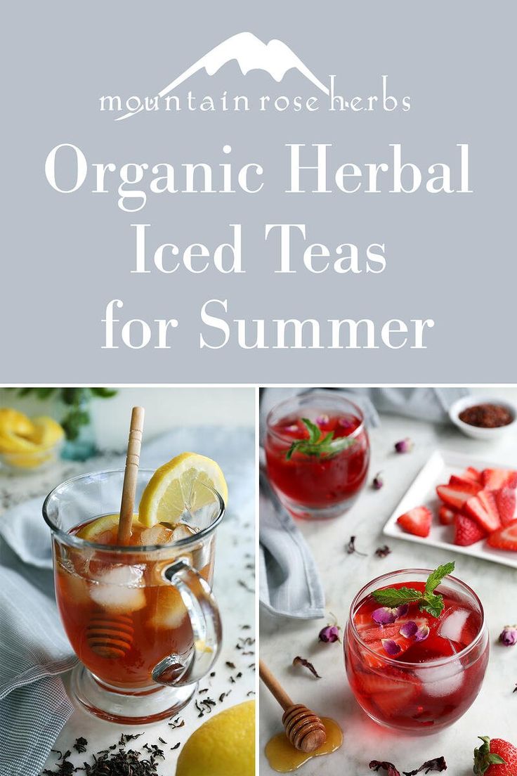 the recipe for organic iced teas is shown in three different pictures, including strawberries and lemon