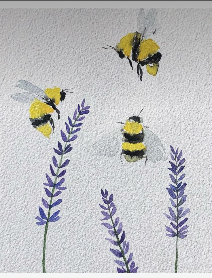 three bees are flying over some purple and yellow flowers on a white paper background with watercolor pencils