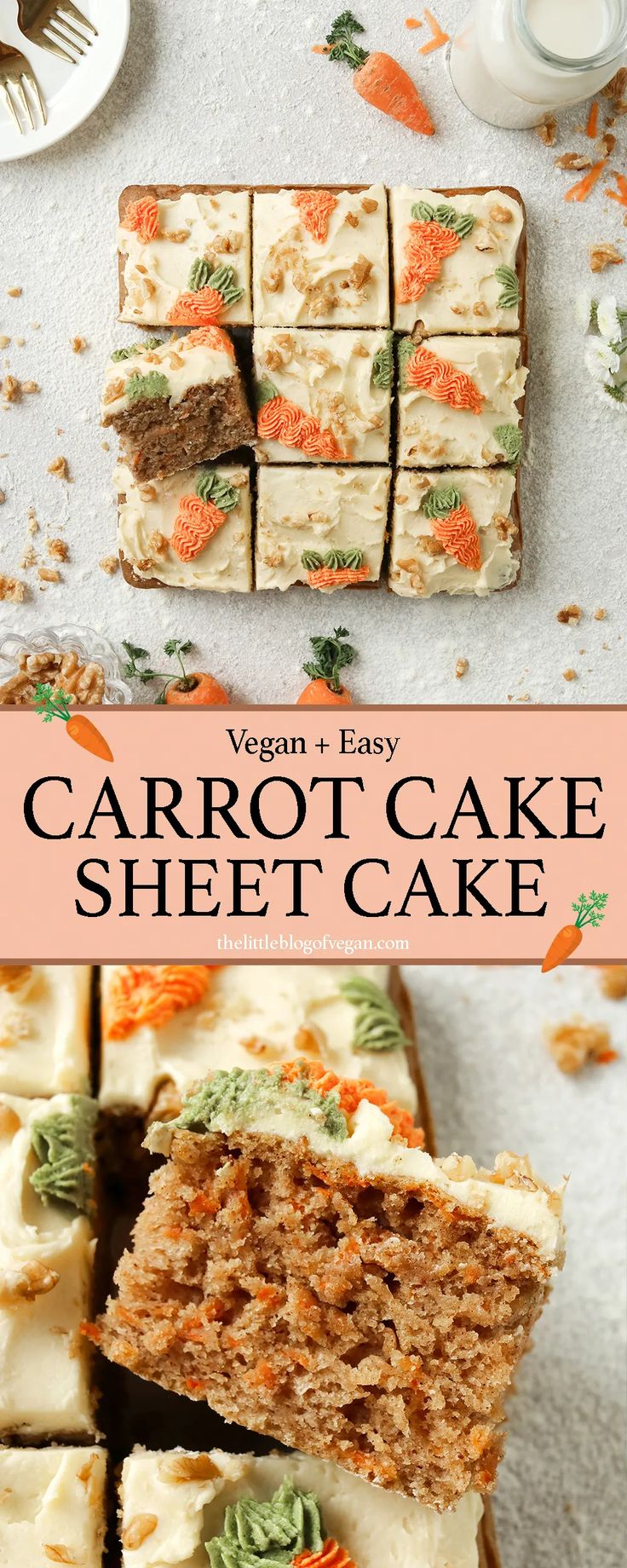 carrot cake is cut into squares and served on a plate with the words vegan + easy carrot cake sheet cake